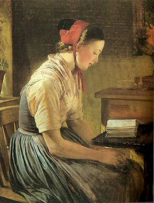 Jerichau-Baumann, Anna-Maria Elisabeth - Portrait d'une jeune fille assise de trois quart, coiffÃ©e d'un bonnet rouge et lisant a une table, 1863
