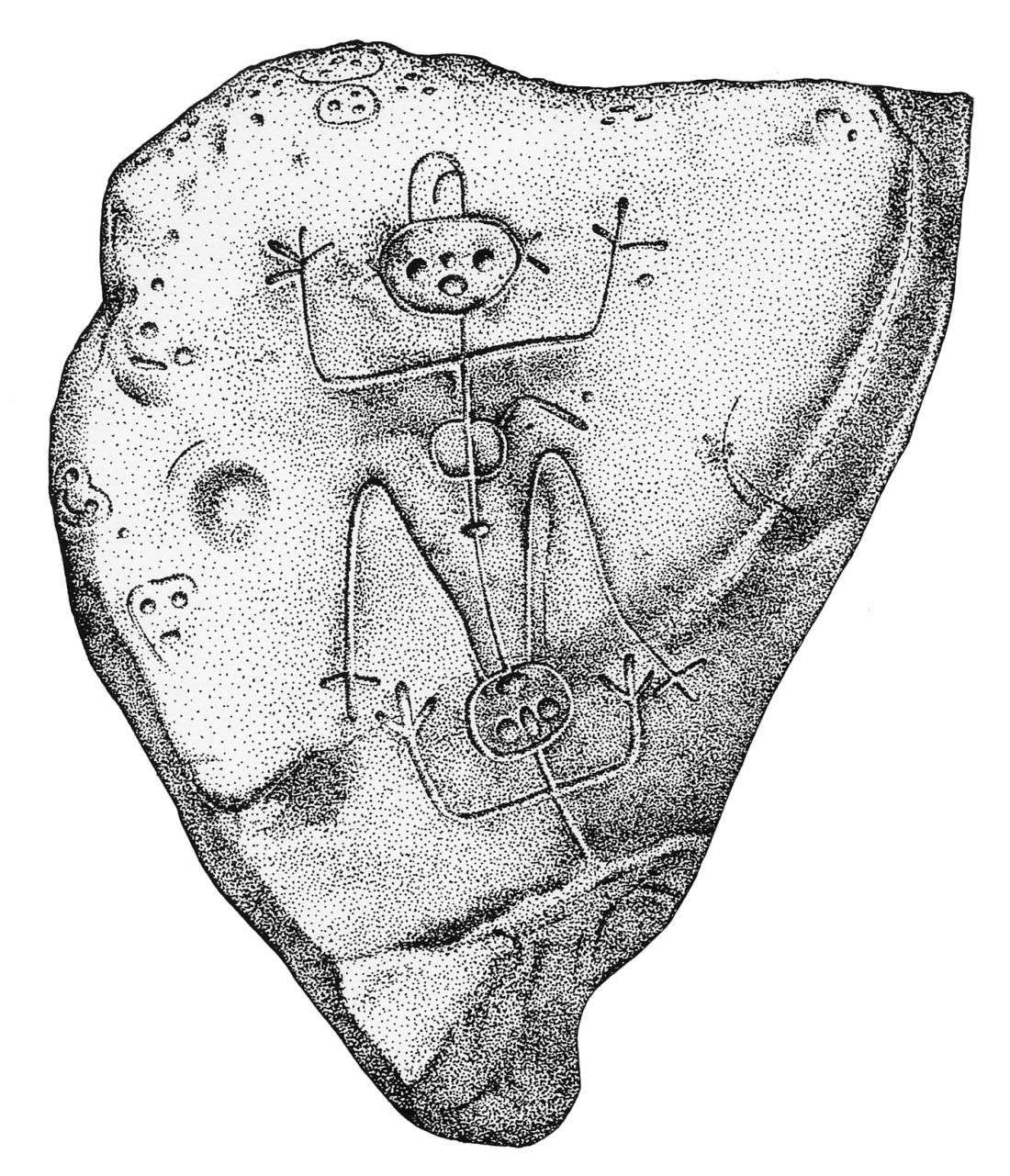 Petroglyph at the Anse des Galets, Guadeloupe. The image would seem to be of a woman giving birth; the date of the incision is uncertain. Drawing by Monique 29 Ruig, University of Leiden. 