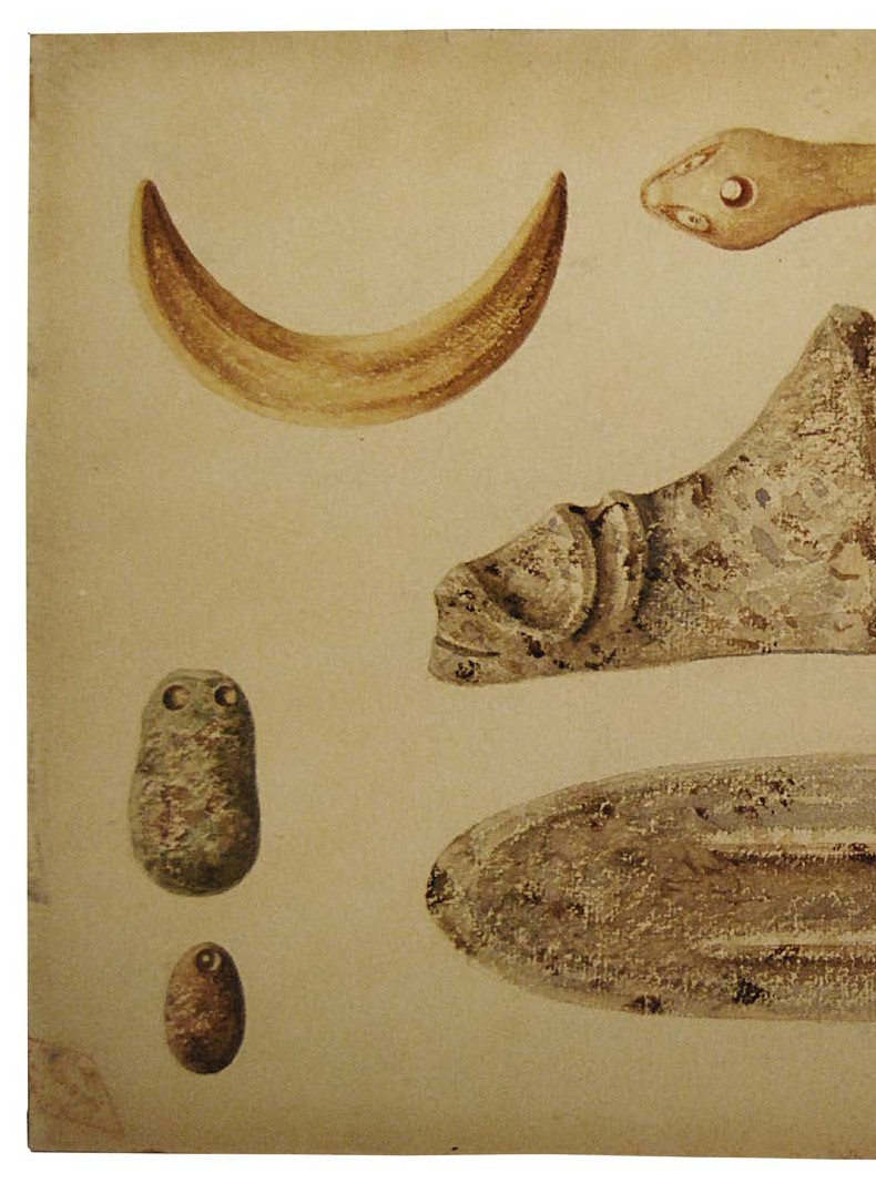Three-cornered stones, amulets and spatulas, watercolour, late 19th century, previously in the Louis Guesde Collection of Antiquities, Pointe- à-Pitre, Guadeloupe, Musée du quai Branly, Paris. 