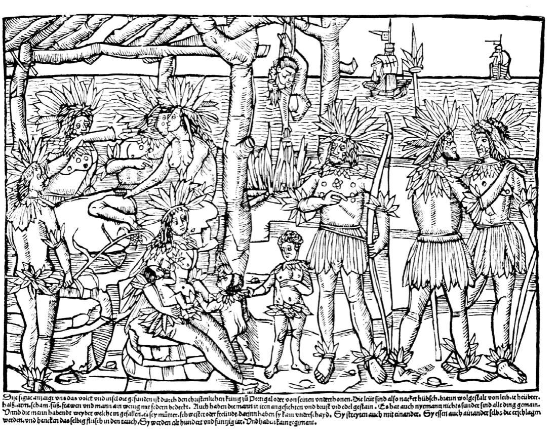 Tupinamba Indians, Brazilian coast, engraving, Hamburg, around 1505.