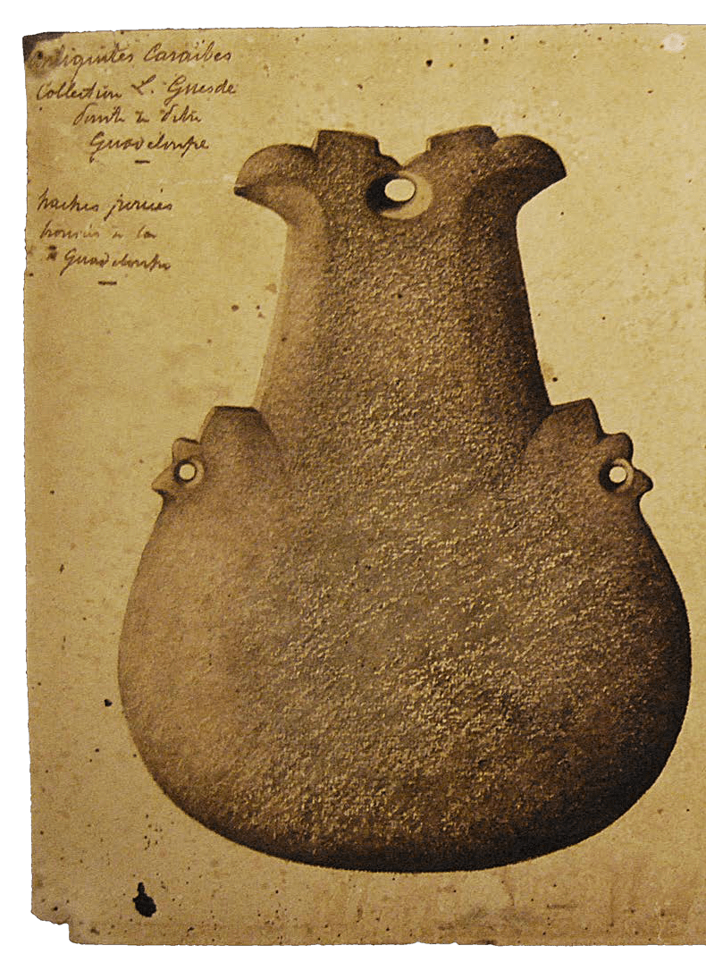 Ceremonial axes similar to the one found at the Cayo site of Argyle, Saint Vincent, watercolour, late 19th century, previously in the Louis Guesde Collection of Antiquities, Point- à-Pitre, Guadeloupe, Musée du quai Branly, Paris. 