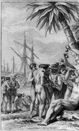 An idyllic scene with “noble savages” being seduced by European trinkets, engraving by Nicolas Cochin, 1750.